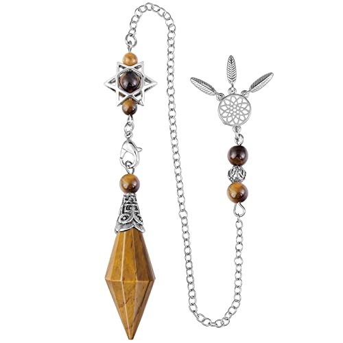 Nupuyai Tiger's Eye Crystal Stone Point Pendulum for Divination Scrying Dowsing Healing Stone Pendulum with Merkaba Star Dream Catcher Chain