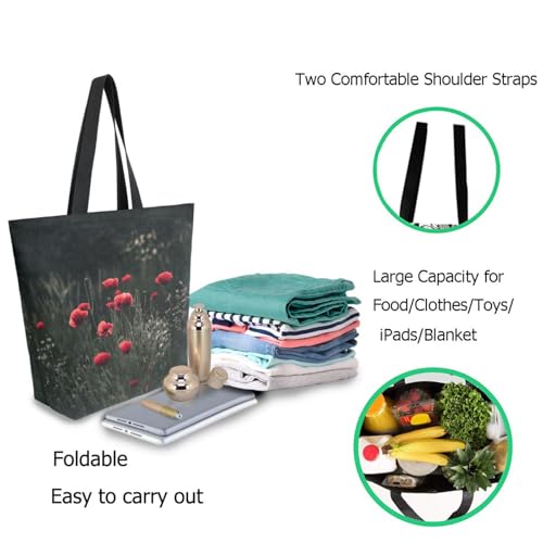 Wild Field Red Poppy Flowers Extra Large Canvas Gym Shoulder Tote,Durable Daily Reusable Top Handle Bag for Mens Womens Yoga Weekender Picnic Beach Travel Market Shopping2