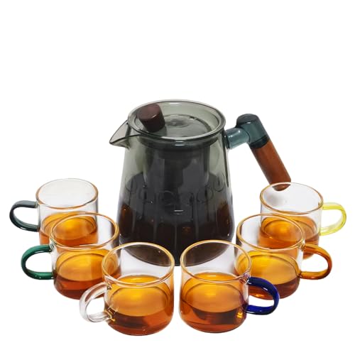 Borosilicate Glass Teapot Set with 6 Colorful Handle Teacups, Wooden