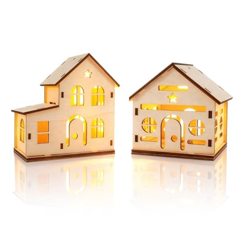 Aitsite 2 Pezzi Villaggio Natalizio, Casette Natalizie Luminose, Villaggio Di Natale, Decorazioni Natalizie Per La Casa, Casette Legno Natalizie LED,Villaggio Natale Decorazioni Casa Christmas Village
