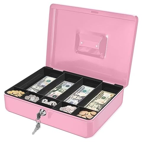 Flexzion Cash Box with Money Tray and Lock - Metal Cash Box for Small Businesses, 9-Compartment Pink Money Box with Lock and Key for Petty Cash, Checks, Coins, Portable Money Box for Cash Storage Cover