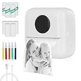 Mini Thermal Printer, Wireless Labler Maker, Portable Printer Compatible with ios and Android,Comes with 5 Roll Thermal Paper+5 Self-adhesive paper+5 Colored Pens, Printable Photos QR Codes (White)