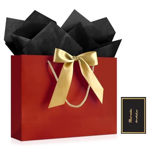 Image of JMANNI Gift Bags with Handles, 13 inch Medium Gift Bag for Presents, 1 Pcs Bags with 2 Tissue Paper and 1 Cards for Baby Shower Wedding Bridal Shower Mother's Day Birthday Party (Red)