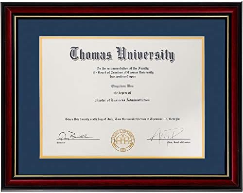 Flagship Diploma Frame Real Wood & Glass Golden Rim Sized 8.5x11 Inch with Mat and 11x14 Inch Without Mat for Documents Certificates (Double Mat, Navy Blue Mat with Golden Rim) (Navy Blue2, 1)