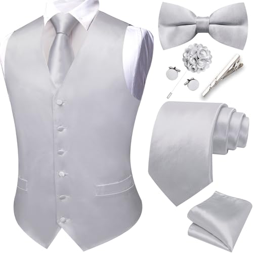 YOHOWA Formal Men Silver Vest V-Neck Suit Vests Tie Bowtie Set Solid Color Satin Waistcoat Clip Hanky Cufflinks Lapel Pin Wedding 8PCS