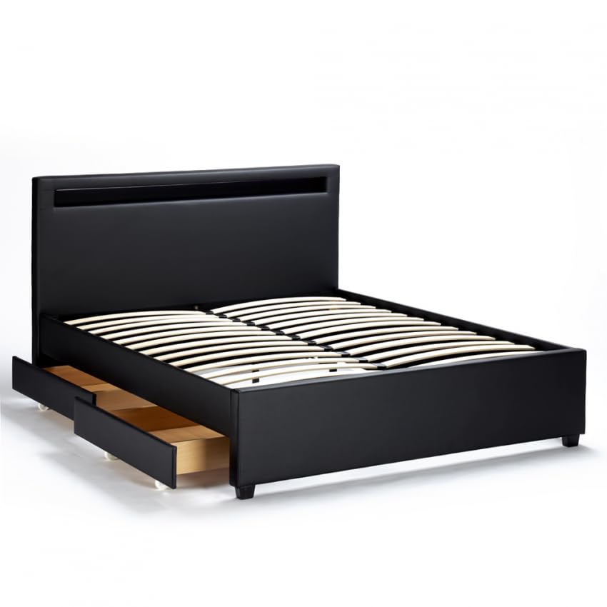 Produce Shop Letto Matrimoniale 2 piazze Moderno con Rete testiera LED cassetti 160x190 Geneva King - Nero