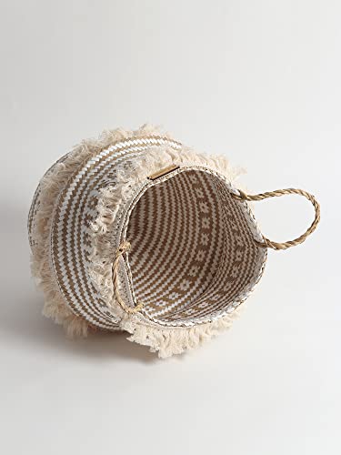 Image of Habere India-All The Cultures Fabricating India Wicker Basket For Plants | Seagrass Baskets Home Decor | Bamboo Storage Organiser | Bamboo Planter Baskets Cylindrical (S) - White (Dia 25 x H22 cm)