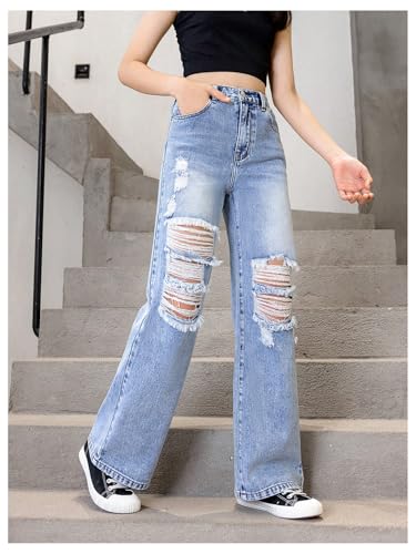Floerns Girl's Elastic High Waisted Ripped Baggy Jeans Wide Leg Distressed Denim Pants3