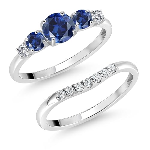 Gem Stone King 10K White Gold Blue Created Sapphire and White Lab Grown Diamond 5 Stone Bridal Engagement Wedding Ring Set For Women | 0.99 Cttw | Round: 5MM and 3MM | Size 5, 6, 7, 8, 9 | Size 8