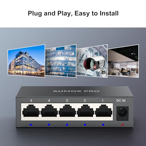 Image of 5 Port Gigabit Unmanaged Ethernet Switch, AUMOX PRO Home Network Hub, Office Ethernet Splitter, Plug-and-Play, Silent Operation, Desktop or Wall Mount, Fanless Metal Design