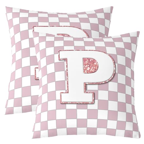 Image of Erosebridal Pink Initial P Throw Pillow Covers 24x24 Set of 2 Kawaii Plaid Checkered Pillow Covers Cute Personalized Monogram Cushion Cover Fashion Grids Gingham Pillow Cases for Couch Sofa