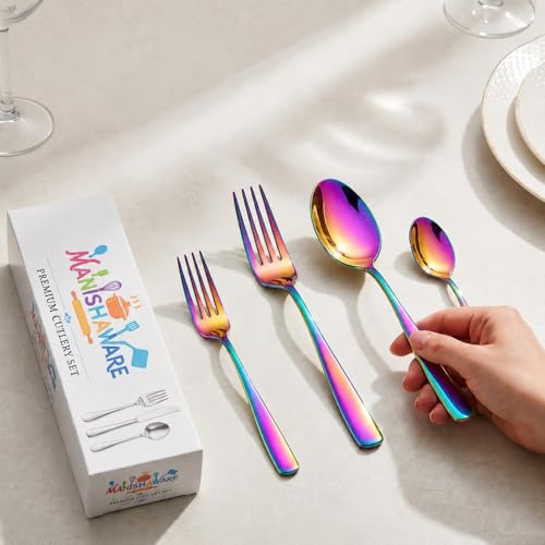 Image of Classic Rainbow 4 Pcs Stainless Steel Cutlery Set for Dining Table, Dishwasher Safe Glossy Flatware (Perfect Spoon Fork Set)