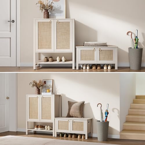 Image of SICOTAS Rattan Shoe Cabinet with Storage - 5 Tier Farmhouse Boho Shoe Organizer Storage Cabinet with Shelves & Doors, Tall Shoe Rack Cabinet for Entryway, Living Room, Closet (White Cream Oak)