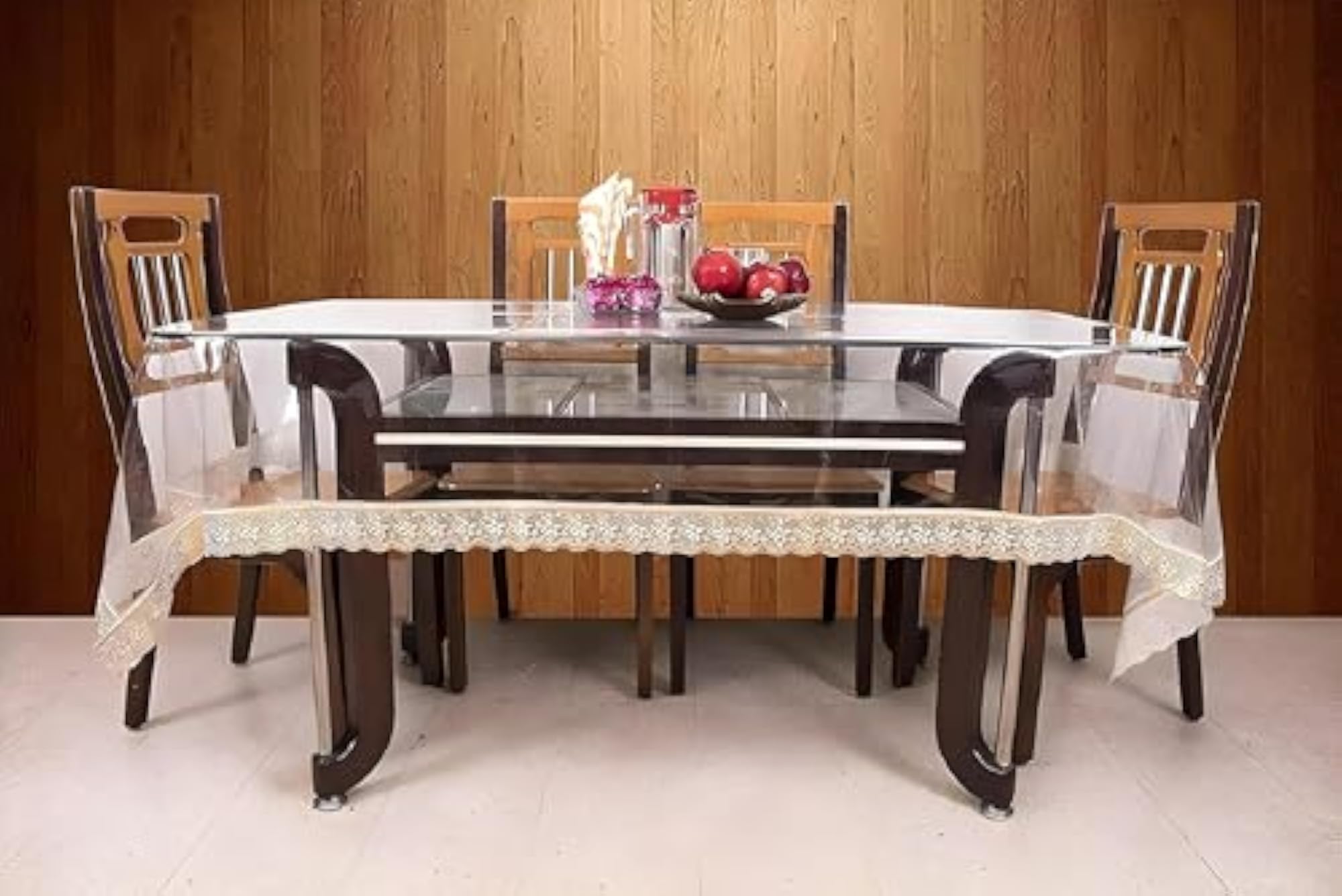 Transparent 4 Seater Dining Table Cover with Lace Border