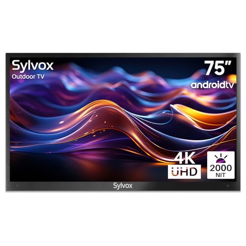 SYLVOX 75” Outdoor TV for Android TV, 4K UHD Smart Outdoor Television Full Sun 2000nits High Brightness Waterproof, Outside TV for Terrace, Garden with Voice Control, Share to TV (Pool Pro Series)