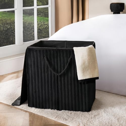 OHS Freestanding Laundry Basket with Lid Ribbed Faux Fur Collapsible Laundry Bag with Rope Handles Folding Washing Baskets for Laundries Clothes Hamper Storage, Black - 45 x 49 x 31cm
