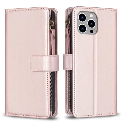 Étui portefeuille iPhone 16 E or rose en cuir premium à rabat magnétique chic