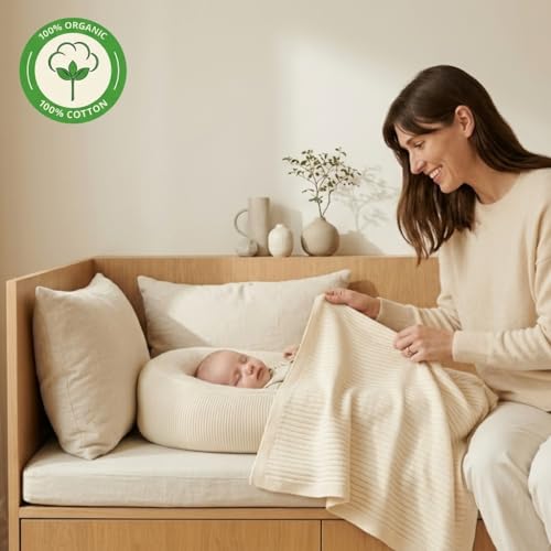 Image of 100% Organic Cotton Knit Receiving Baby Blanket for Newborns - Soft, Breathable Blanket for Crib & Stroller - Nursery Gift (Ivory)