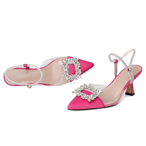 Joseywade Rhinestone Slingback Low Kitten Heels Pumps Clear Sparkly Buckle Closed Pointed Toe Women's Adjustable Ankle Strap Shoes for Wedding Bridal Bridesmaid3