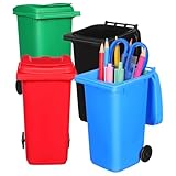 BESTYASH Mini Trash Can Pencil Holders 4Pcs with Lid and Wheels for Desk Use in Black Blue Green and Red