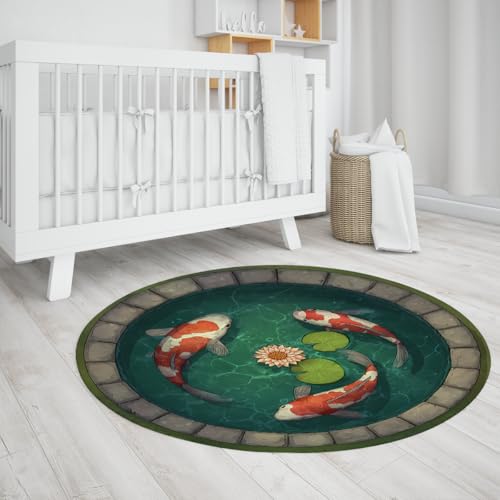UERWOWELL Alfombras Redondas círculo Green Lotus Pond 150cm Alfombra Pelo bajo con patrón pez koi Estilo japonés Arte Oriental Carpa Decorativa para el salón