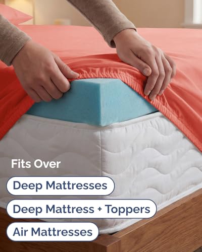 Image of Extra Deep Twin XL Sheet Set - 4 Piece Breathable & Cooling Sheets - Coral | Hotel Luxury Bed Sheets Set, Easy & Secure Fit, Ultra-Soft, Wrinkle & Fade Free, Comfy Sheets Set with Extra Deep Pockets