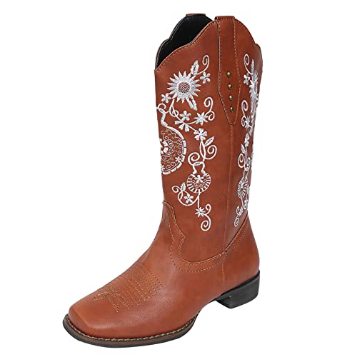 Générique Bottines Femme à Talon Moyen Brodé Imprimé Enfilade Mode Rétro Confortable(Brown, 39)