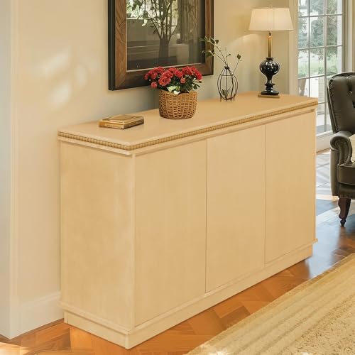 Wood Sideboard Buffet Cabinet with Storage and Beaded Trim, Elegant Storage Cabinet for Dining or Living Room - Natural