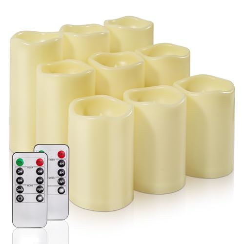 Image of Homemory 9 Pack Flameless Candles, Outdoor Waterproof, Battery Operated LED Pillar Candles with Remote Control and Timer, Plastic, Long Lasting