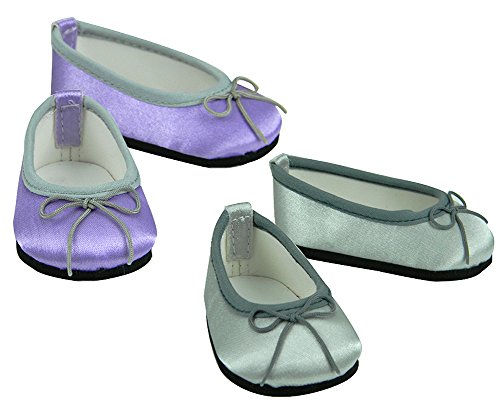 18 Inch Doll Dress Shoes| Purple Shoes, Silver Shoes, 2 Pair Set Fits 18 Inch American Girl Dolls |Dress Satin Slip on Doll Shoes, 1 Lavender 1 Pr. Silver Dressy Doll Shoes