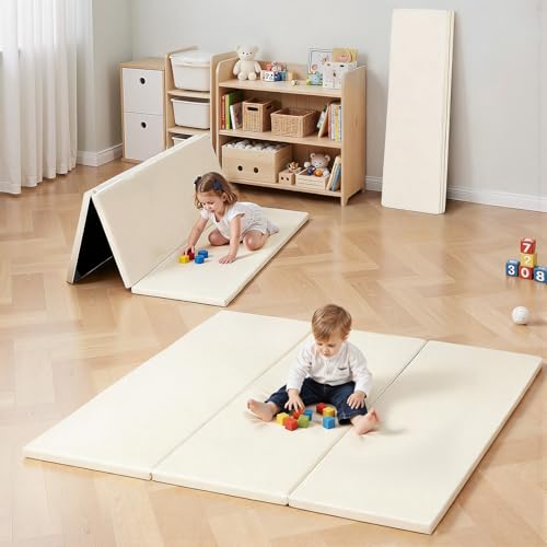 ベビーマット 121×121×3cm プレイマット 折りたたみ 厚手クッション PUレザー 防水仕様 防音対策 すべり止め加工 フロアマット 赤ちゃん用 お昼寝マット 室内 屋外 ベージュ