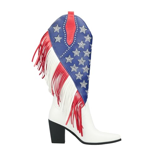 DETOGNI Women's Fringes American Flag Mid-Calf Western Boots Sparkling Stars Rhinestones Tassels Chunky Heels Cowboy Boots Multicolor 7