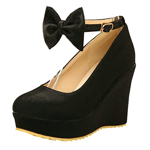 BEAUPAS Women's Round Toe Wedge Platform High Heel Pumps Ankle Strap Buckle Bows Cute Shoes