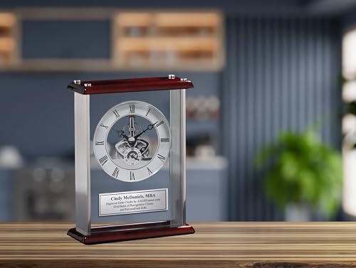 AllGiftFrames Employee Service Award Recognition Retirement Gift Personalized Engraved Desk Clock Silver Engraving Plate Large Silver Davinci Desk Clock Encased Glass Chrome Wood Cherry Top and Base - Thumbnail 3