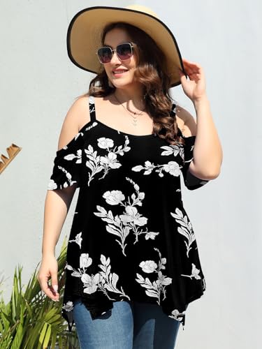 Image of LARACE Cold Shoulder Tops for Womens Summer Clothes Spaghetti Strape Tunic Oversized Shirts Asymmetrical Plus Size Blouse