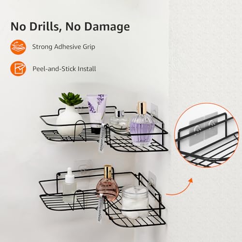 Image of Amazon Basics Modern Wall Mounted Corner Rack for Bathroom | Mild Steel Storage Shelf for Toiletries, Shampoo, Soap & Accessories| Self adhesive | Rust-Resistant, Easy to Clean, Space-Saving Organizer - 27.5 x 27.5 x 6.2 cm, Pack of 2, Black