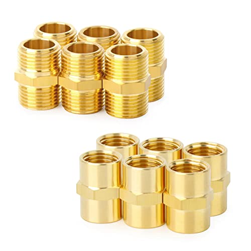 ChillWaves 1/4" NPT Brass Pipe Fitting Kit, 6 × 1/4" NPT Male Hex Nipple，6 × 1/4" NPT Female Hex Coupling，Thread Adapter（12-PACK）