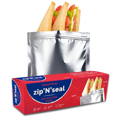 Image of GREENTWISH Zip 'N' Seal Metallised Silver Zip Lock Bags, Reusable Sandwich and Food Storage Bag, Airtight Foil Pouch with Zipper, Freezer Safe, Polyethylene | Size: Large (9x10 Inch) | 15 Bags