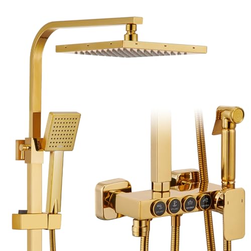 Colonne de douche,Colonne douche doré,Multifonctionnel 4 en 1 Colonne douche,Comprend une douche de tête carrée,Une douchette,Un robinet de baignoire et une...