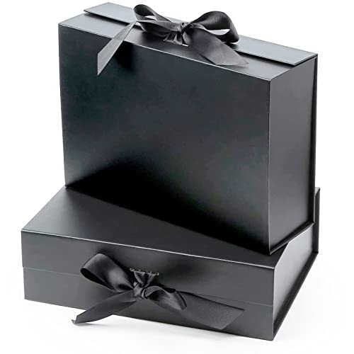 WAIZHIUA 2 Stück Geschenkbox mit Schleife 31x22x10 cm Magnetische Geschenkbox Kann Zusammengesetzt/Gefaltet Werden Wiederverwendbar Geschenkkarton (Schwarz)
