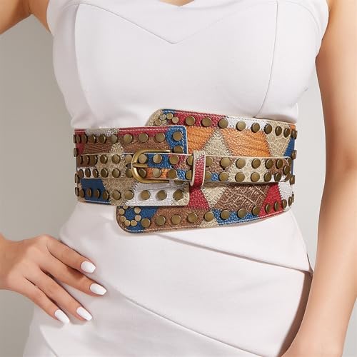 Women's Black Elastic Ultra Wide Belt Vintage Leather Rivet Waistband Metal Punk Corset Belt Party Club Prom Dress Belt4