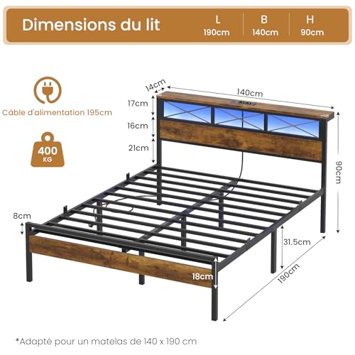 Lit 140x190 métal LED + prises USB/AC, DICTAC