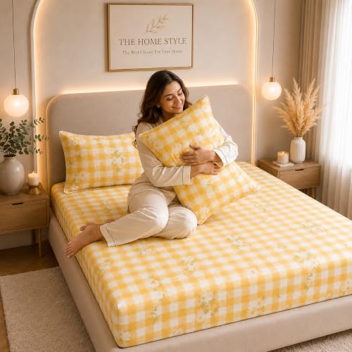 Image of THE HOME STYLE Supersoft Glace Cotton Elastic Fitted All Around King Size Printed Double Bedsheet with 2 Pillow Cover & King Size Comforter /Duvet /Blanket (72 inchx78 inch + Comforter, Daisy Sunshine Check)
