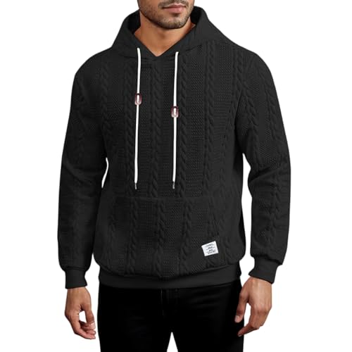 Men's Cable Knit Hoodies Fall Winter Fashion Drawstring Hooded Sweater Solid Front Pocket Basic Sweatshirts