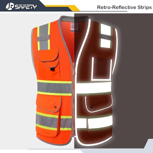 Image of JKSafety 9 Pockets Hi-Vis Safety Vest Breathable Mesh Fabric Cushioned Collar Work Utility PPE Lightweight Industrial Work Gear ANSI /ISEA compliant (101-Orange M)