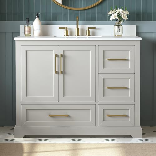 DELUXE LIVING 42 Inch Bathroom Vanity with Sink Combo Solid Wood Frame with Stone Top & Backspalsh Fully-Assembled with Soft-Closing Doors & 4 Drawers Greige