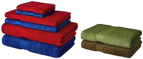 Image of Amazon Brand - Solimo 100% Cotton 6 Piece Towel Set, 500 GSM (Iris Blue and Spanish Red) 100% Cotton 2 Piece Bath Towel Set, 500 GSM (Sepia Brown and Olive Green)