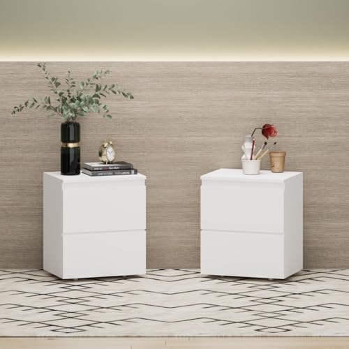 Image of Nightstand with 2 Drawers, Modern Bedroom End Table with No Handle, Wooden Bedside Storage Cabinet, White 15.7 inch W x 18.9 inch H