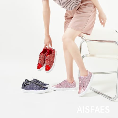 Image of AISFAES Glitter Sparkly Low Top Sequins Lace Up Tennis Shoes Comfort Bling Fashion Shiny Walking Shoes