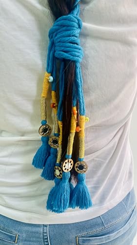 Image of Zippy Flora Neelima Parandi (Firozi) | Traditional Boho Handmade Paranda Hair Accessory with Braid Tassels | Women's Ethnic Hair Extension for Choti, Braids & Patiala Shahi Hairstyles
